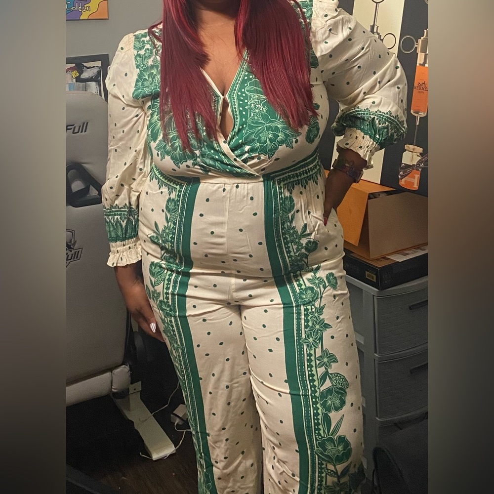 FARM Rio Green and Cream Floral Jumpsuit